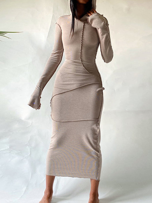 Long Sleeves Color Split-joint Hooded Maxi Dresses