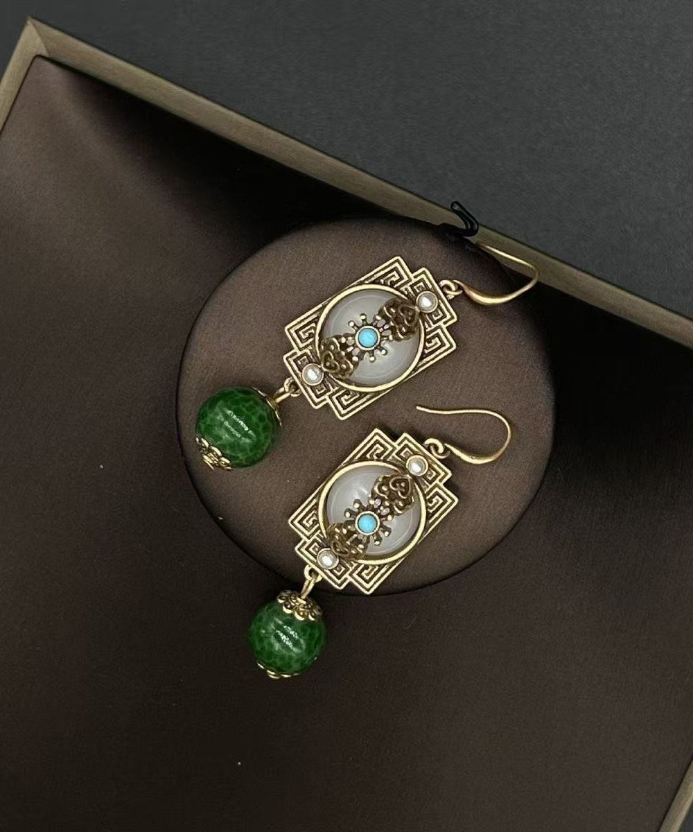 Green Ancient Gold Turquoise Safety Lock Pearl Drop Earrings