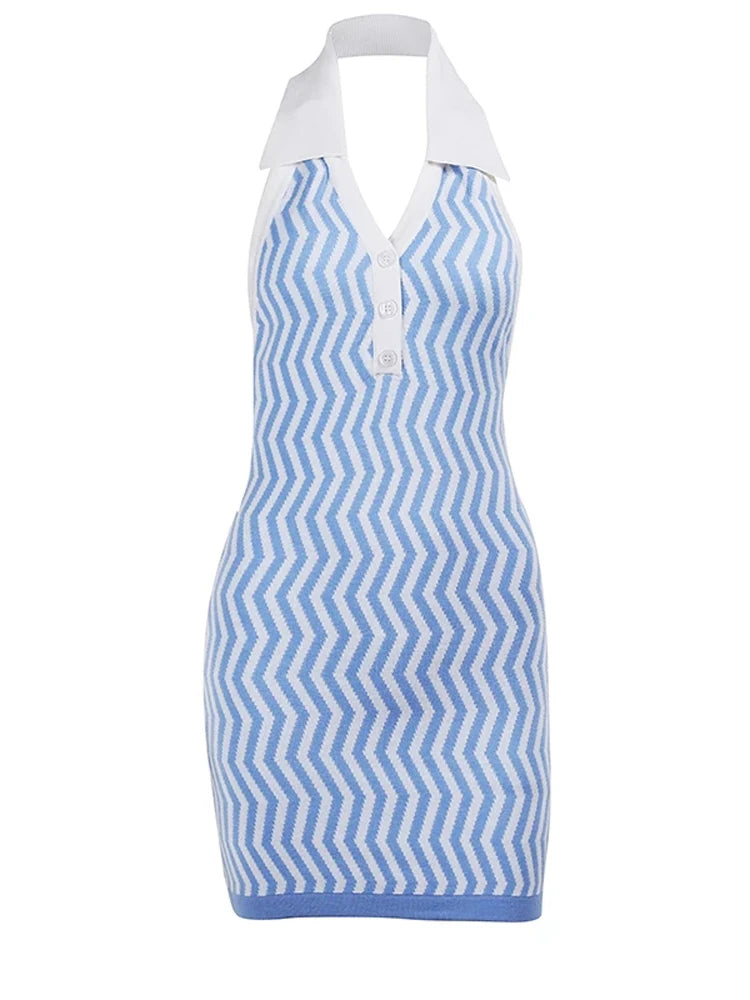 Halter Knitted V-neck Mini Dress for Striped Y2k Backless Slim Outfits Korean Sleeveless Dresses