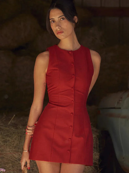 Sleeveless Mini Dress for New O Neck Single-btrasted Bodycon Club Party Tank Dress Femme Clothes