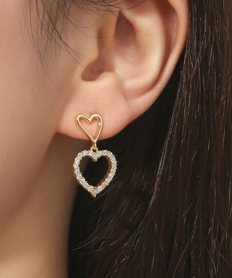 Gold Sterling Silver Overgild Zircon Hollow Out Love Drop Earrings