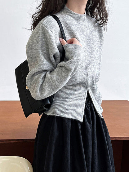 Urban Coffee Mock Neck Zipper Slit Hem Long Sleeve Sweater Qx004