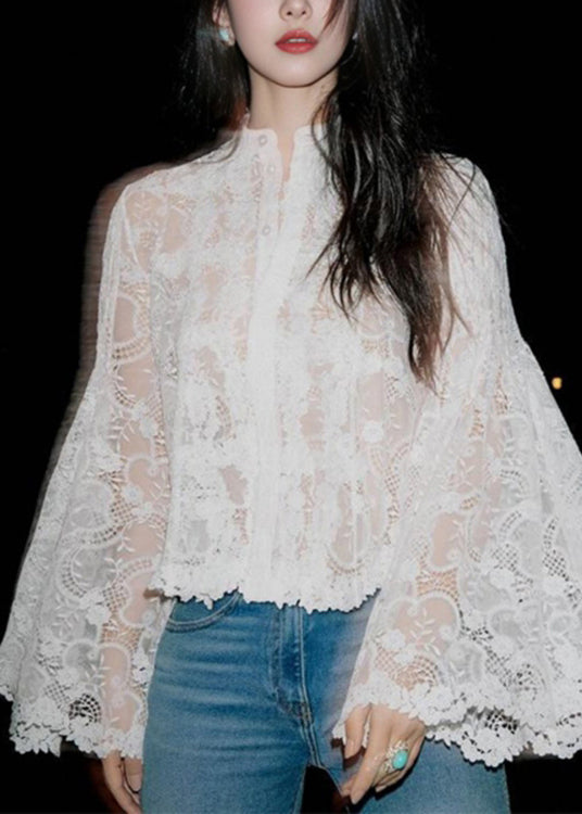 Stylish White Button Hollow Out Lace Blouses Flare Sleeve Qp056