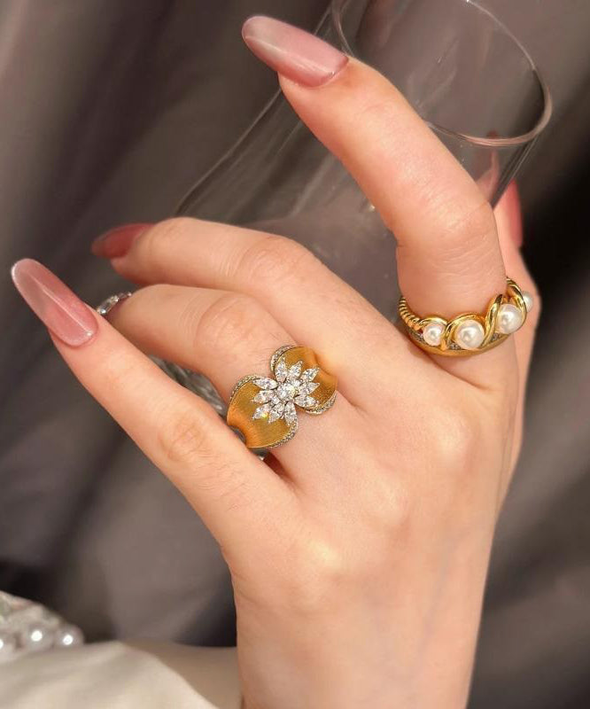 Retro Gold Old Gold Zircon Butterfly Wire Drawing Rings