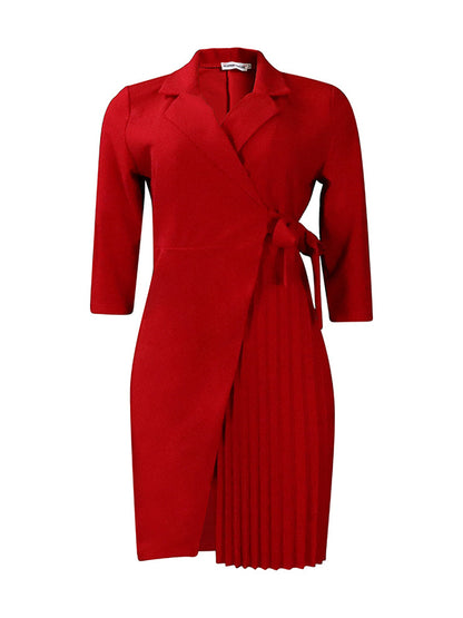 Three-quarter Sleeves Pleated Color Split-front Tied Waist V-neck Mini Dresses