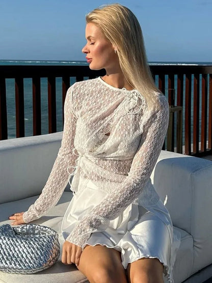 Lace Hollow Out Printed T-shirt Cardigan for See-through Inner Crop Top Patchwork Lace-up Y2k Top