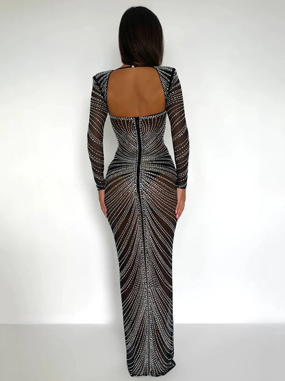 Glitter Mesh See Through Party Maxi Dress for Full Sleeve Bodycon Club Long Evening Dress Vestido