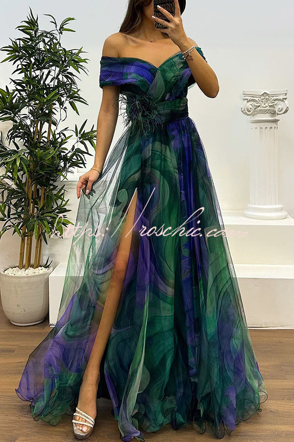 Jinnie Tulle Feather Pendant Pleated Off Shoulder Slit Maxi Dress
