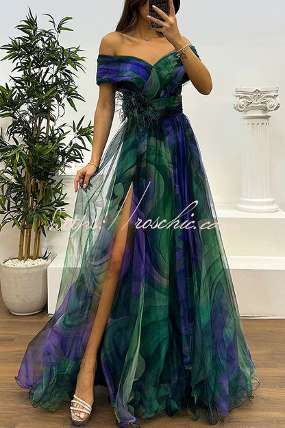 Jinnie Tulle Feather Pendant Pleated Off Shoulder Slit Maxi Dress