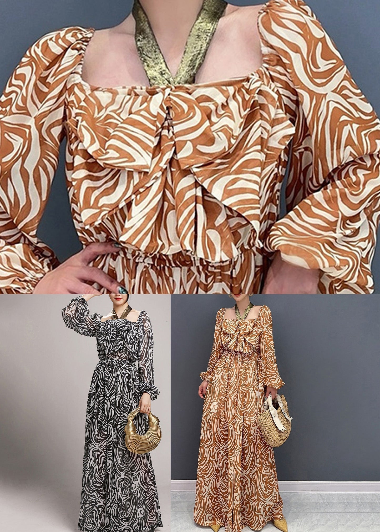 Novelty Coffee Print Wrinkled Chiffon Jumpsuit Long Sleeve Ao1045