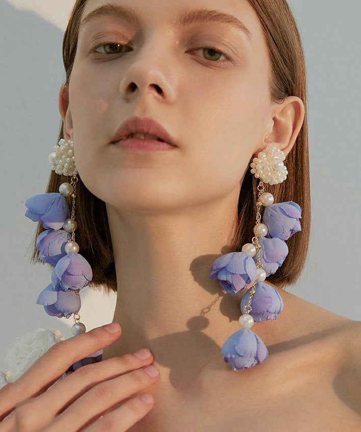Purple Flower Tasseled Pearl Drop Earrings