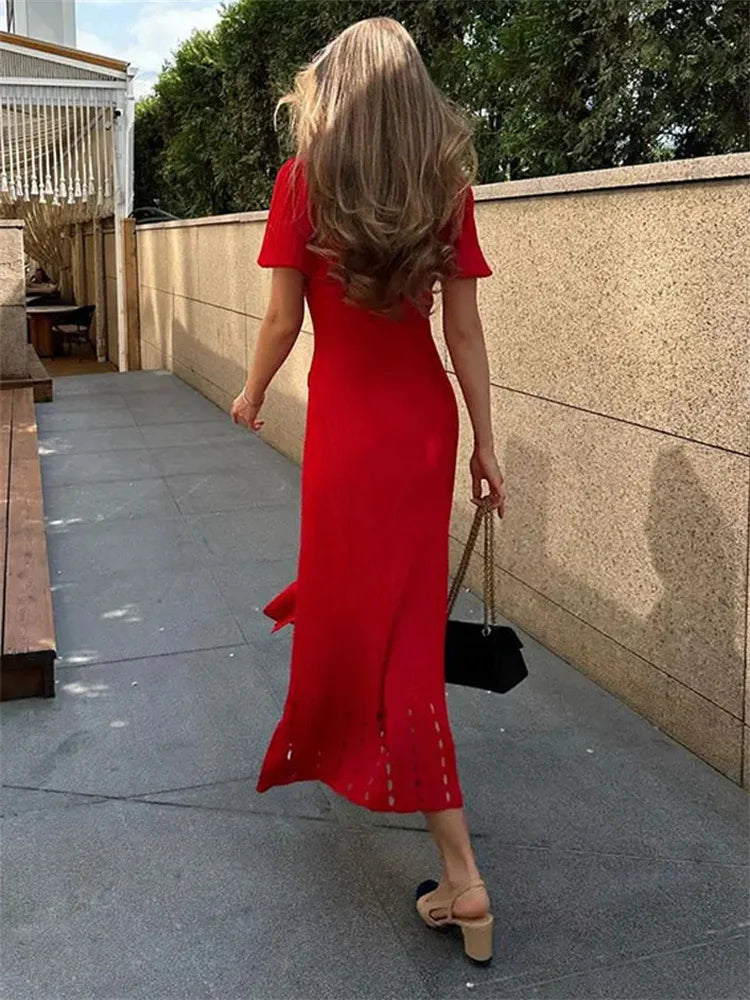 V-neck Knit Contrast Long Dress Hollow Out Lapel High Waist Party Dress Knitwear Maxi Dress