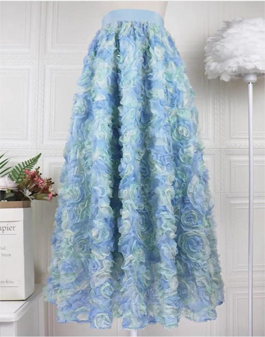 Blue Embroidered Elastic Waist Tulle Maxi Skirt
