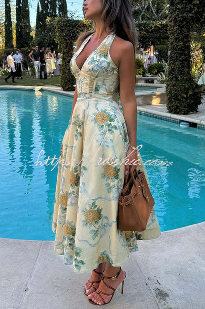 Resort Star Print Waist Halterneck Tie Pocket Midi Dress