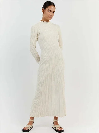 Autumn Ruffled Knitwear Long Dress Female Long Sleeve Loose Ribbed High Waist Maxi Dress Knit Dress