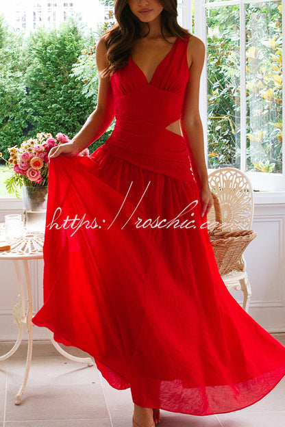 Color V-neck Waist Hollow Slim Maxi Dress