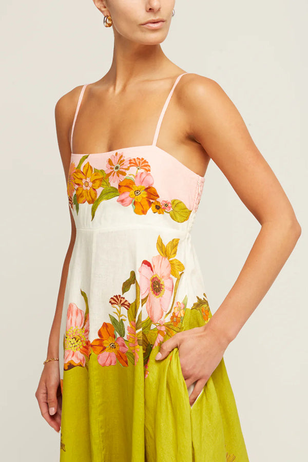 Linen Blend Contrast Print Back Smocked Pocket Maxi Dress