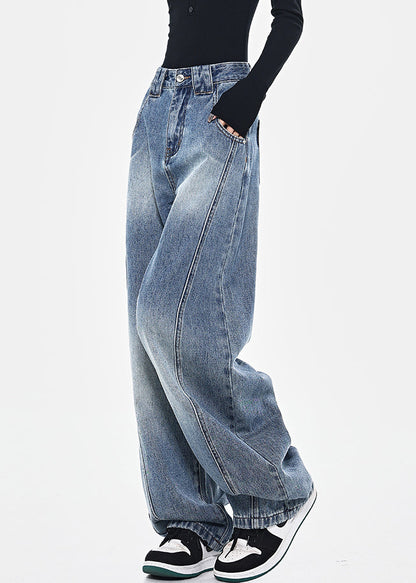 Pants Pockets High Spring Blue Patchwork Waist Denim