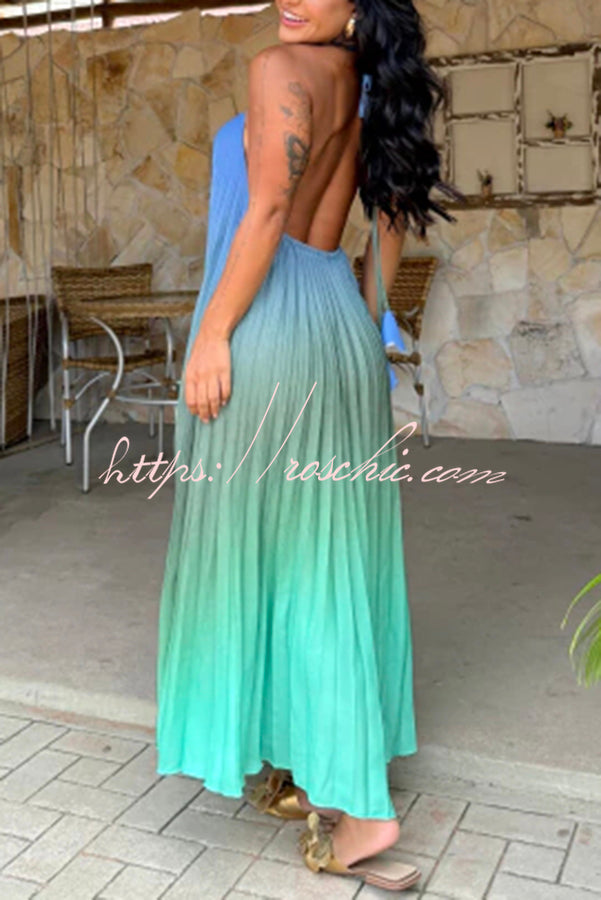 Sea Goddess Gradient Print Pleated Halter Backless A-line Maxi Dress