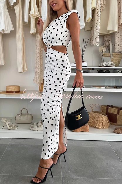 Roxane Polka Dot Print Shoulder Pad Metal Cutout Waist Slit Stretch Maxi Dress