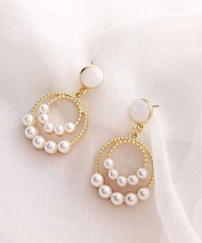 Gold Sterling Silver Alloy Pearl Circle Drop Earrings