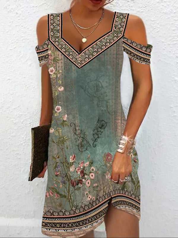 A-line High Waisted Flower Print Hollow Cold Shoulder Mini Dresses