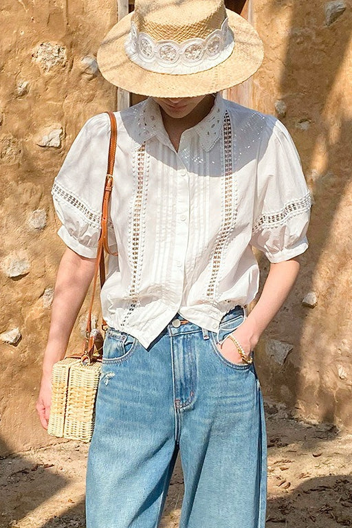 Stripe Lace Puff Sleeve Blouse
