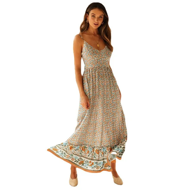 Spaghetti Strap Dresses V-neck Backless Beach Vacation Long Dress Female Vestidos Summer New