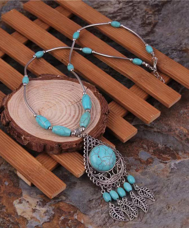 Blue Sterling Silver Turquoise Water Drop Leaves Pendant Necklace