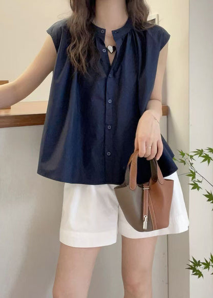 Red O Neck Button Cotton Blouses Sleeveless Qp063