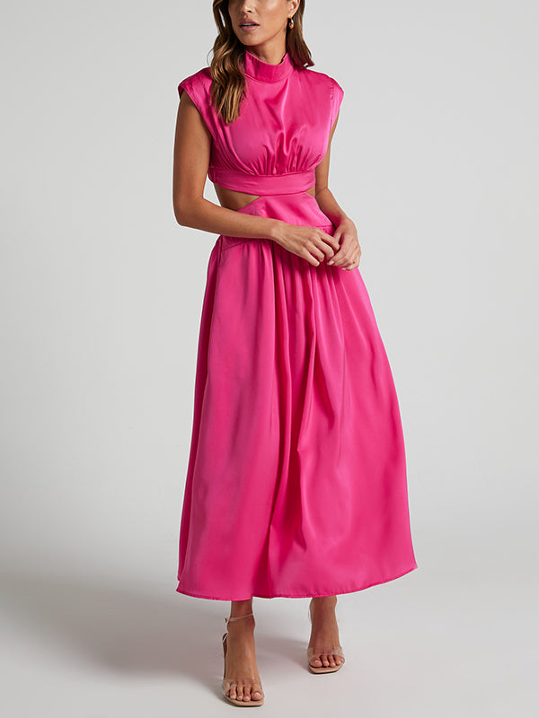 Cap Sleeve Belly-hollow Pleated Color Stand Collar Maxi Dresses