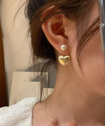 Gold Metal Alloy Dull Polish Love Pearl Stud Earrings