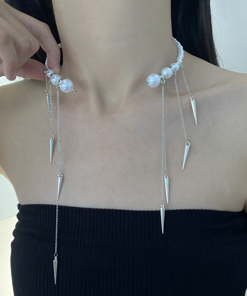 White Copper Pearl Beading Tassel Pendant Necklace