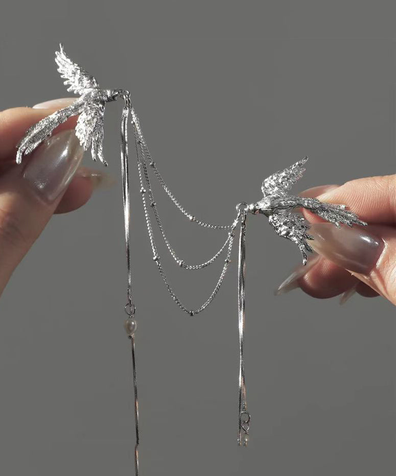 Chinese Style Silk Sterling Silver Pearl Phoenix Seeking a Mate Tassel Brooch