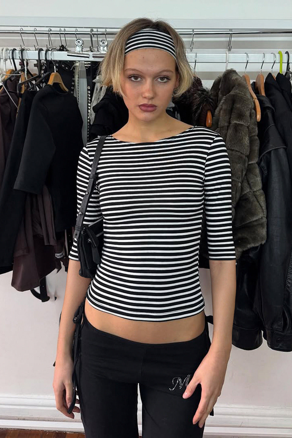 Color Block Stripe Jacquard Fitted Knit Blouse