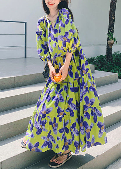 Stylish Green Print Patchwork Chiffon Long Dresses Half Sleeve Qp037