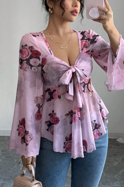 Tie Dye Square Neck Tie Long Sleeve Blouse