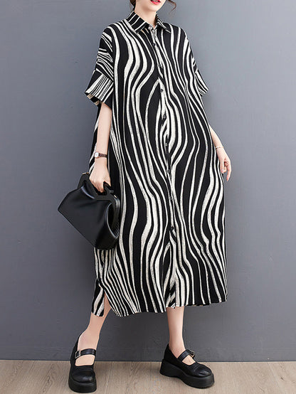 Raglan Sleeve Oversize Zebra-stripe Split-joint Lapel Midi Dresses Shirt Dress