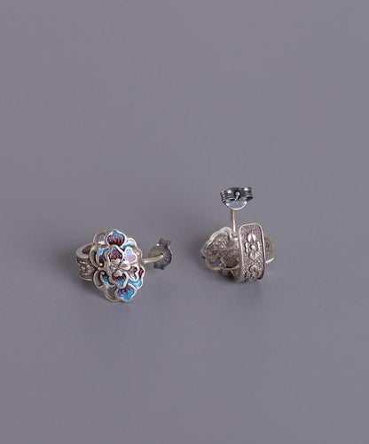 Silk Sterling Silver Cloisonne Peony Flower Stud Earrings