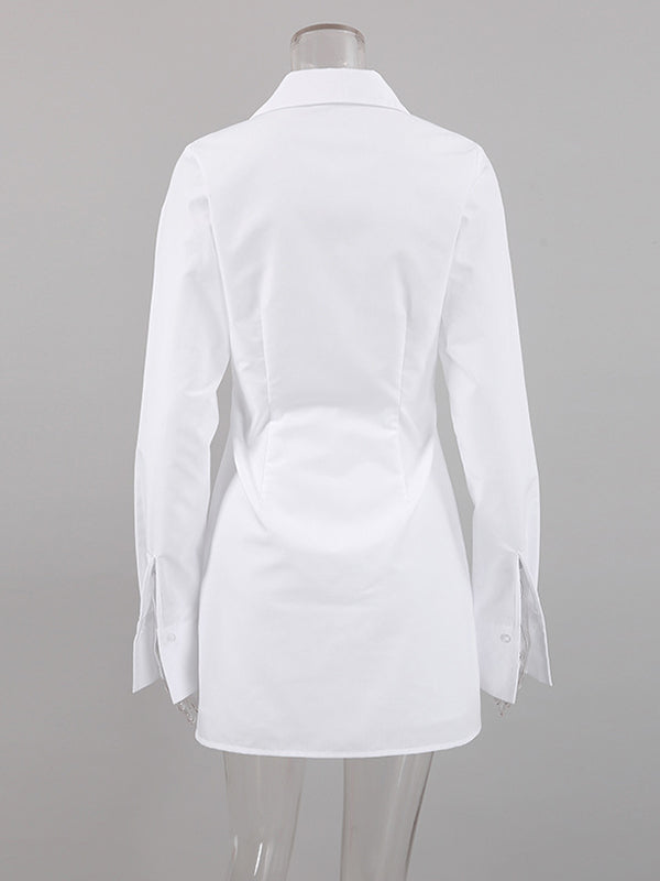 High Waisted Long Sleeves Buckle Color Split-front Lapel Mini Dresses