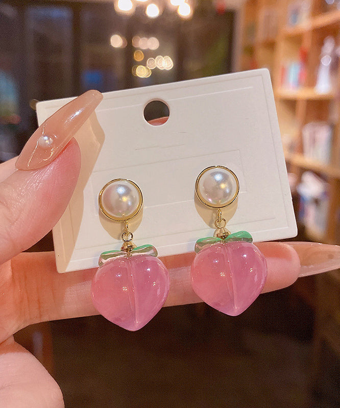 Red Alloy Acrylic Pearl Peach Drop Earrings