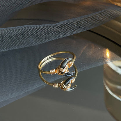 Buddha Stones Natural Tridacna Stone Moon 14k Gold Blessing Ring