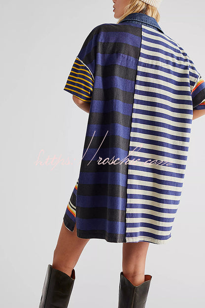 Contrast Striped Patchwork Denim Lapel Loose Mini Dress