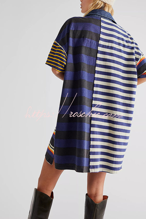 Contrast Striped Patchwork Denim Lapel Loose Mini Dress