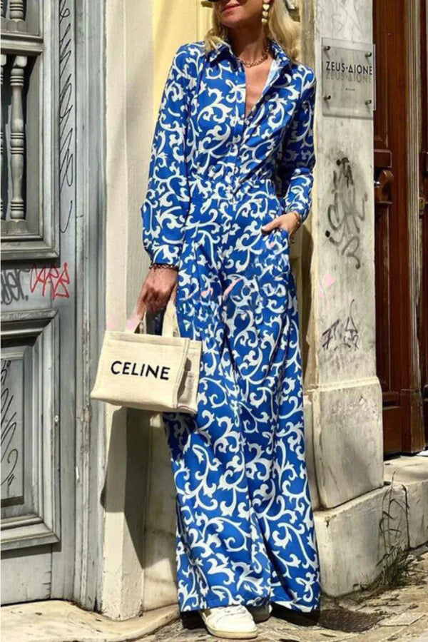 Print Lapel Button Pocket Long Sleeve Shirt Maxi Dress