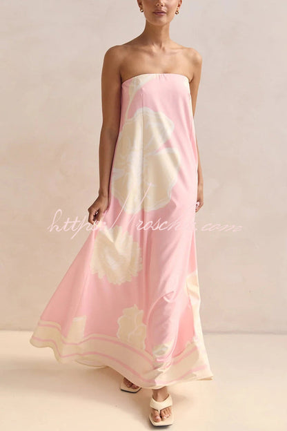 Unique Print Tube Top Back Zipper Loose Maxi Dress