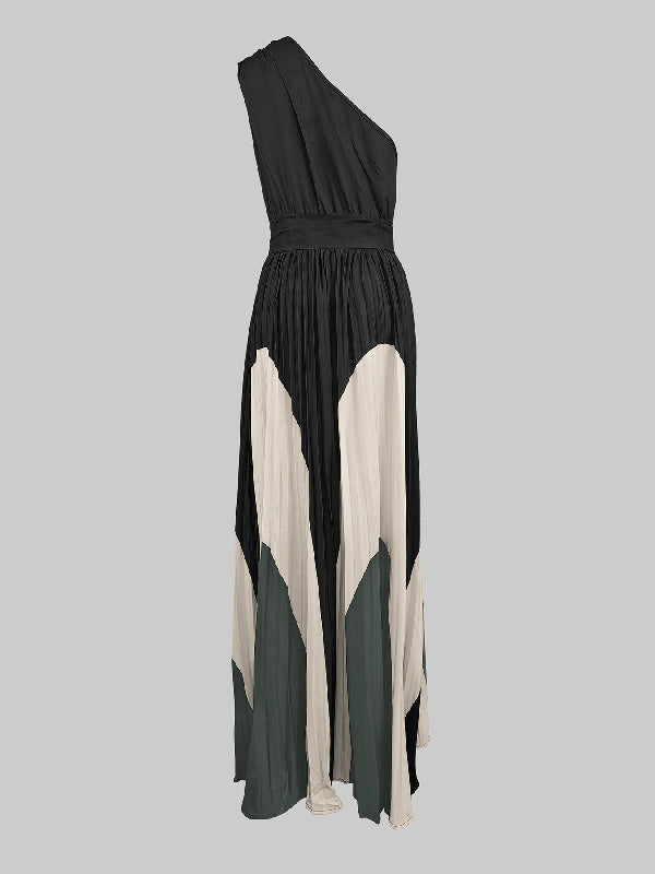 Sleeveless Asymmetric Pleated Printed One-shoulder Maxi Dresses