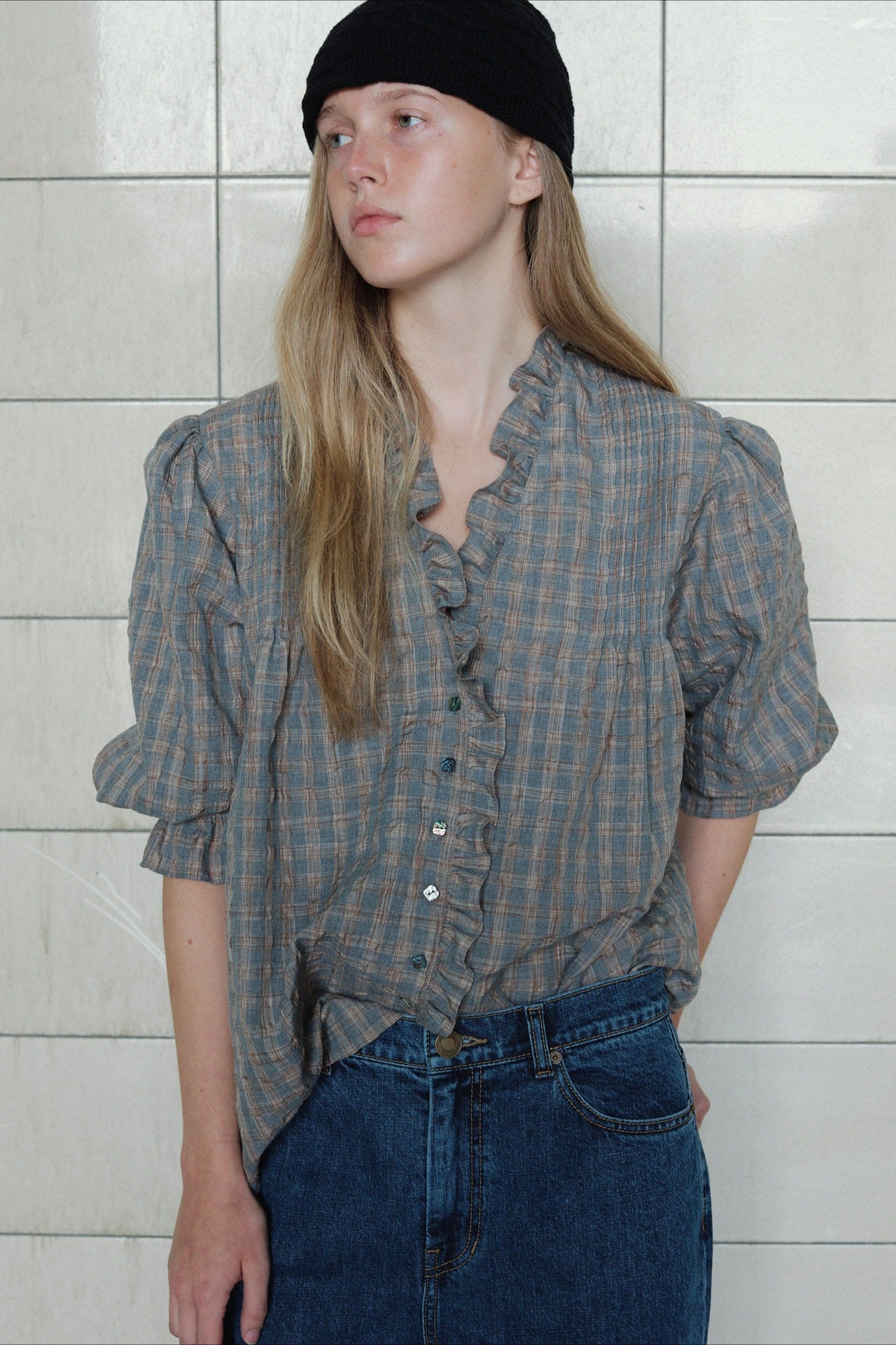 Plaid Ruffle Long Sleeve Blouse