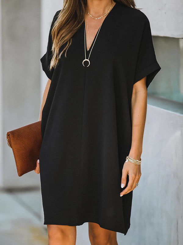 High Waisted Loose Color V-neck Mini Dresses