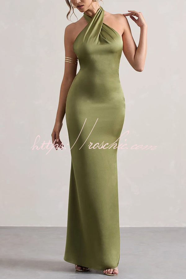 Color Halter Neck Tie Backless Slim Maxi Dress